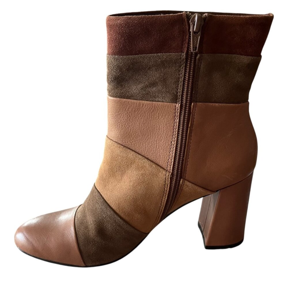 Poetic Licence Women's‎ 7.5 Tan Leather Booties Patchwork Places Heeled London - Picture 7 of 12